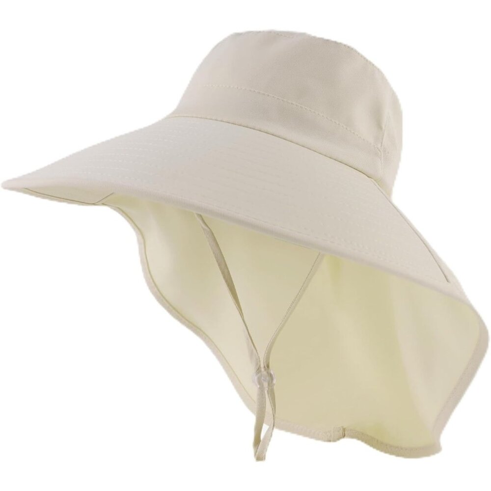 Women's Beige 100% Polyester Wide Brim Uv Protection With Chin Strip Beach Hat